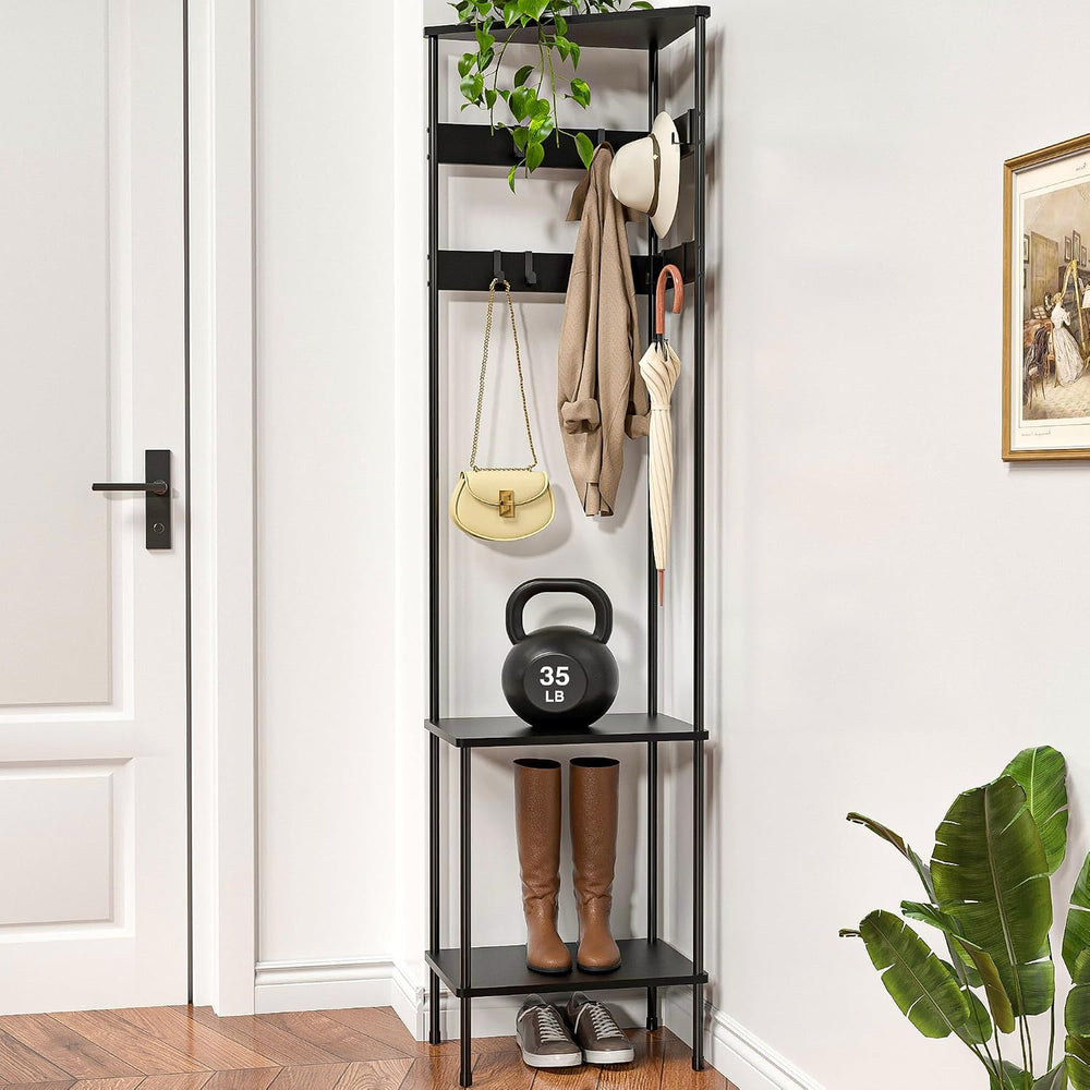 Corner Coat Rack Freestanding with Shelves and 8 Hooks, Black