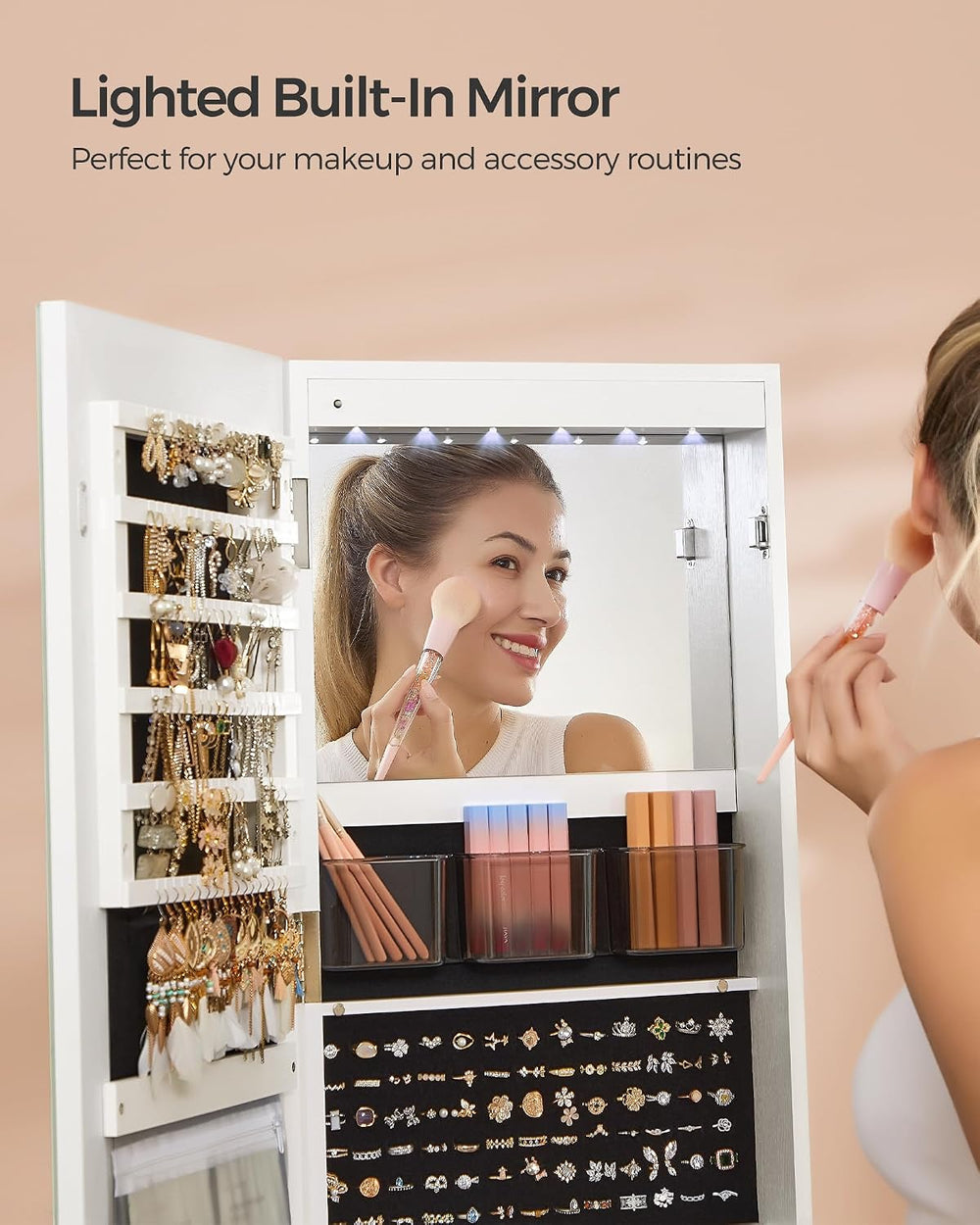 SONGMICS LED Mirror Jewelry Cabinet Standing, Adjustable Lights, Lockable
