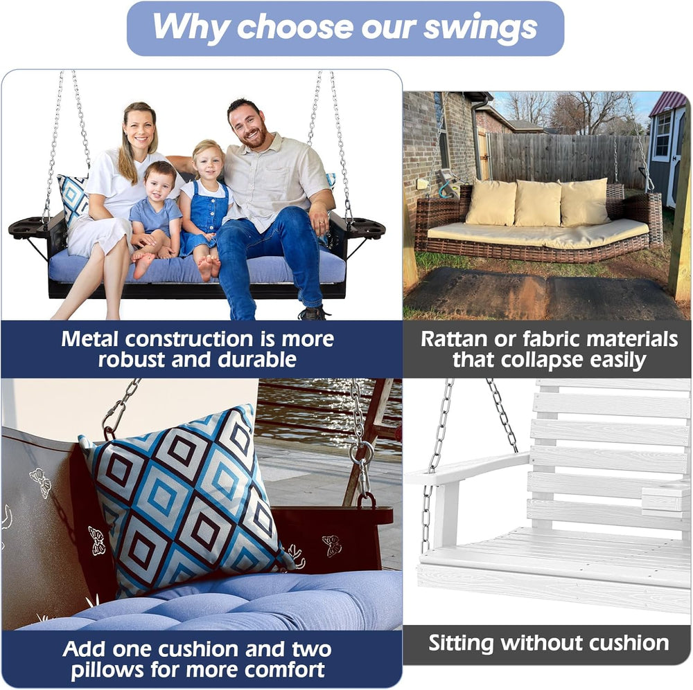 3-Seat Metal Porch Swing 900 LBS Heavy Duty Hanging Bench with Upgraded Tray ...
