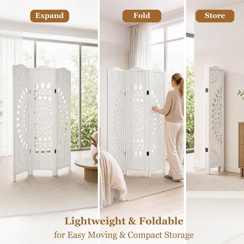 Room Divider 3 Panels,5.62FT Tall Boho Folding Wood Privacy Screen