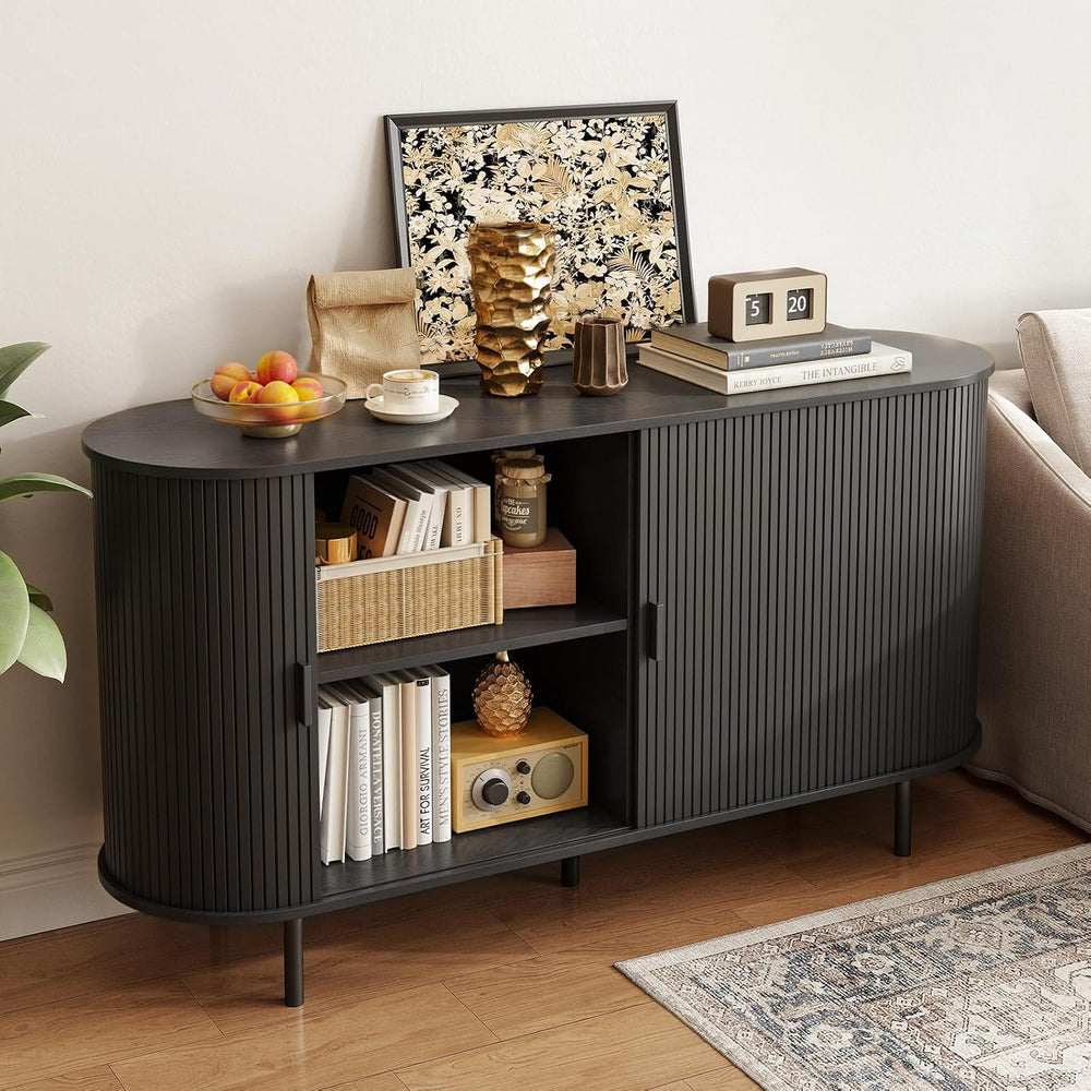 ONBRILL 55" Sideboard Buffet Cabinet, Sliding Door/Adjustable Shelf, Black