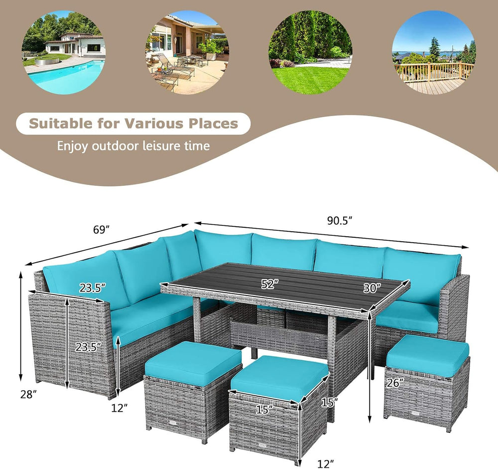 HAPPYGRILL 7 Pieces Rattan Wicker Patio Conversation Set (Turquoise)