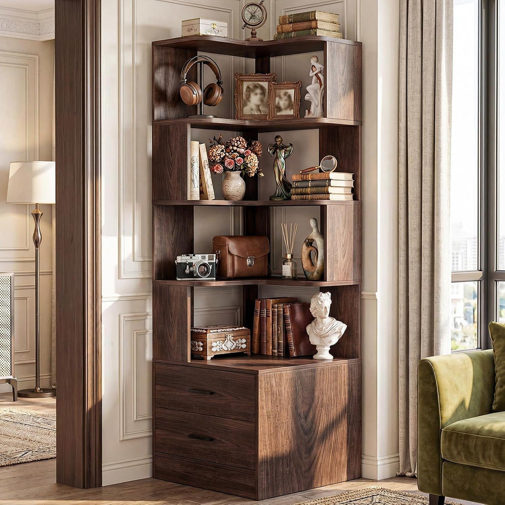 Armocity Corner Book Shelf with Drawers, Small Corner Shelf with Drawers