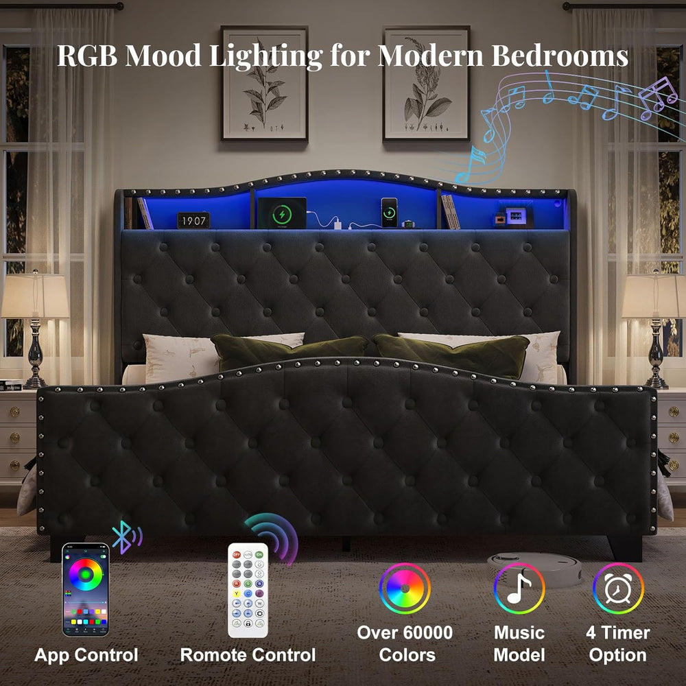 Belffin Platform Bed Frame with 50.9" LED Headboard, Queen Black