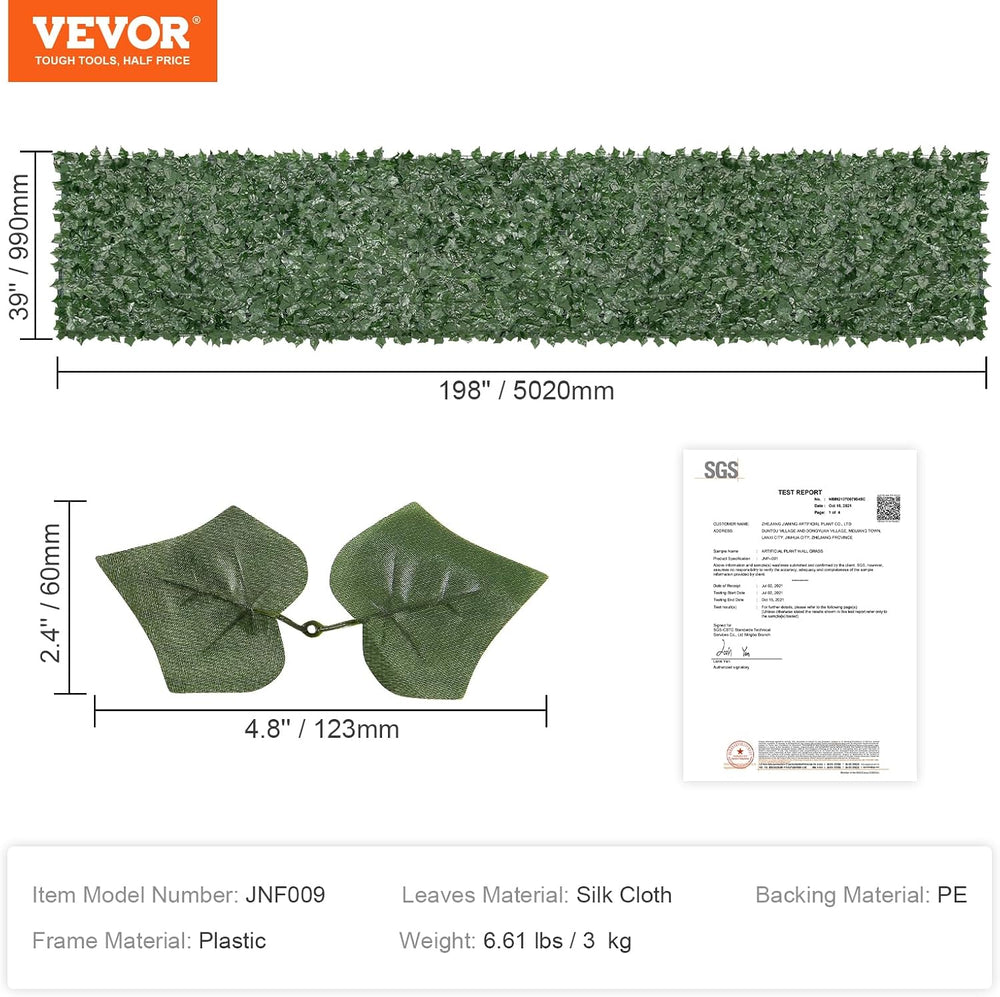 VEVOR Artificial Ivy Privacy Fence Screen, 39 x 198 in Faux Ivy Vine Leaf Hed...