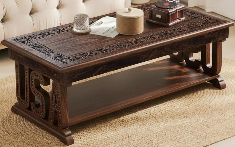 Coffee Table in Solid Wood With Hand Carving 40x20x18"_Burnt Rectangular