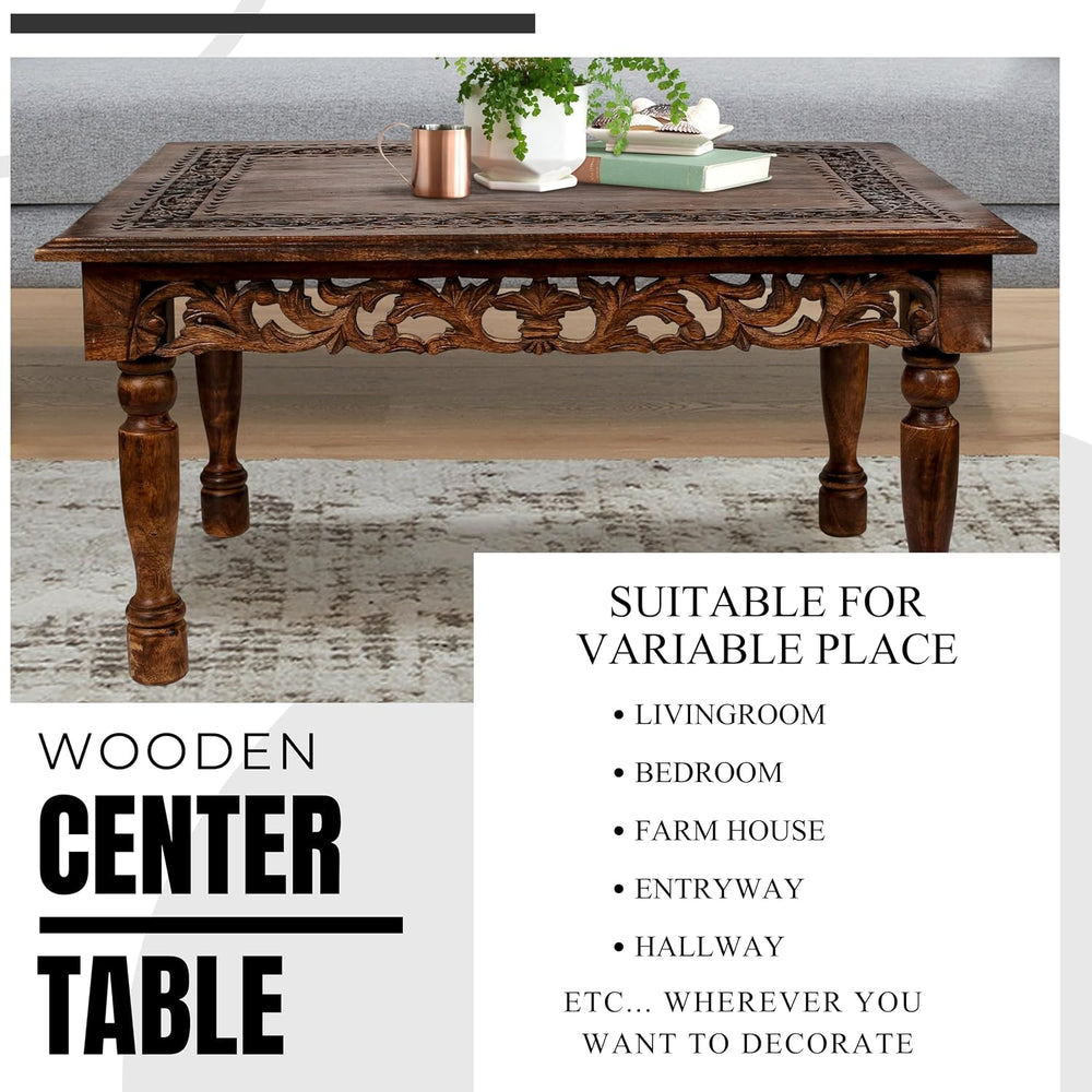 Coffee Table in Solid Wood With Hand Carving 38x24x18"_Burnt Rectangular