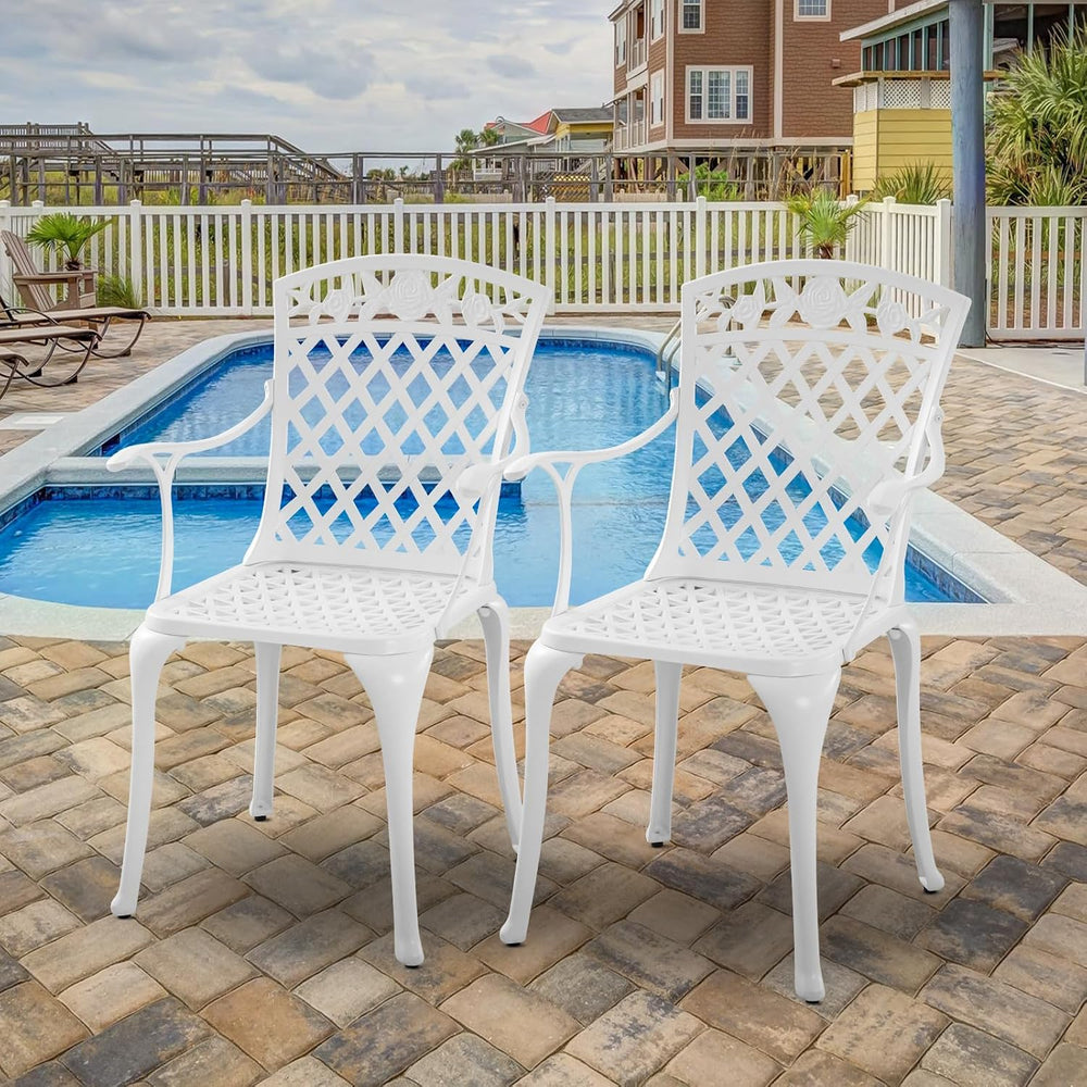 Outdoor White Cast Aluminum Arm Chair, Set of 2 Patio Dining Chairs, All-Weat...