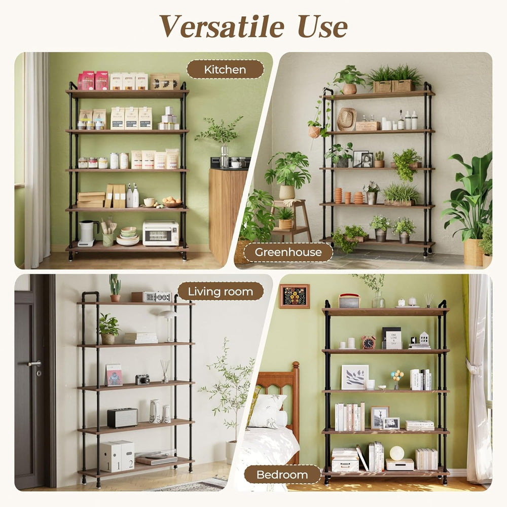 Industrial Bookshelf, Pipe Shelf Bookcase, 5 Tier, 48" Weathered Brown