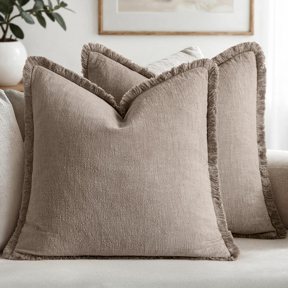 MIULEE Boho Linen Fringe Decorative Fall Throw Pillow Covers Dune 20x20