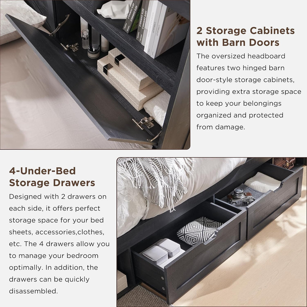 ACCOHOHO Farmhouse King Size Bed Frame with 52" High Storage Bookcase He...