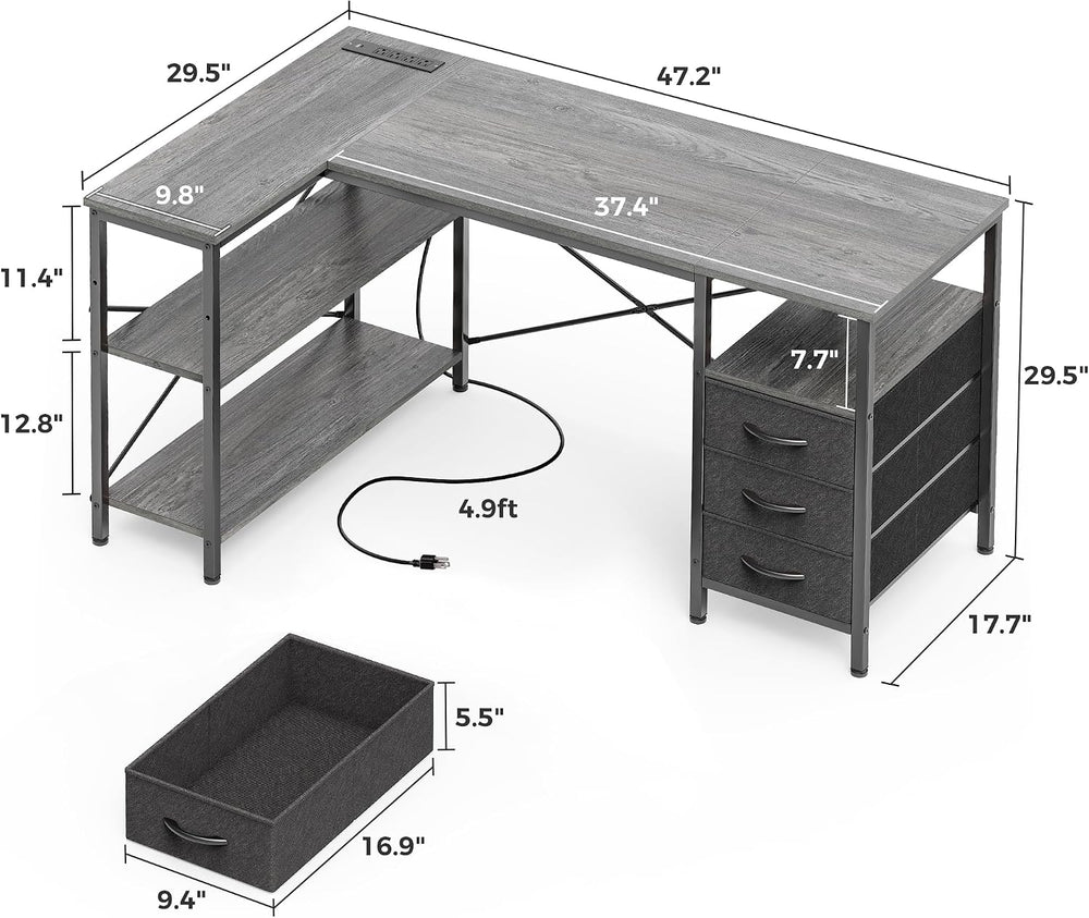 Huuger L Shaped Office Desk with Power Outlets & 3 Drawers