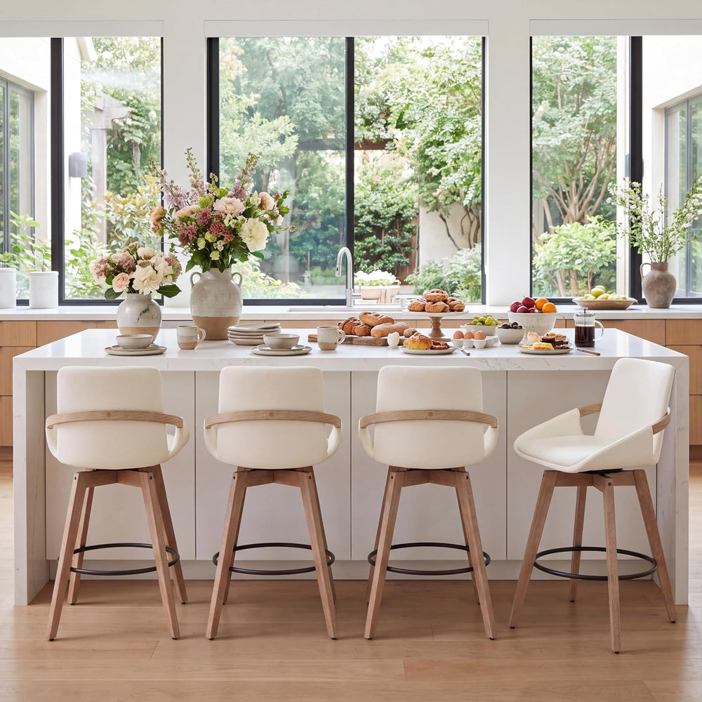 CIMOTA Leather Swivel Bar Stools Set of 4, Mid-Century Modern Counter Height ...