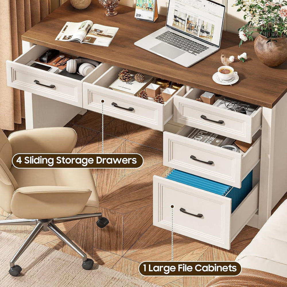 Vabches 55″ Farmhouse Desk with 5 Storage Drawers, Unique White