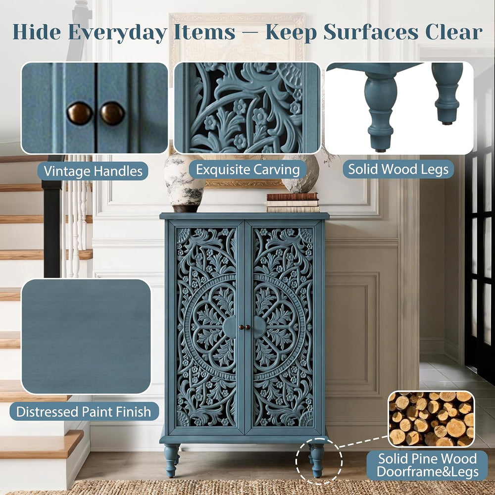 47" Tall Accent Cabinet Vintage Storage Cabinet with Doors Blue