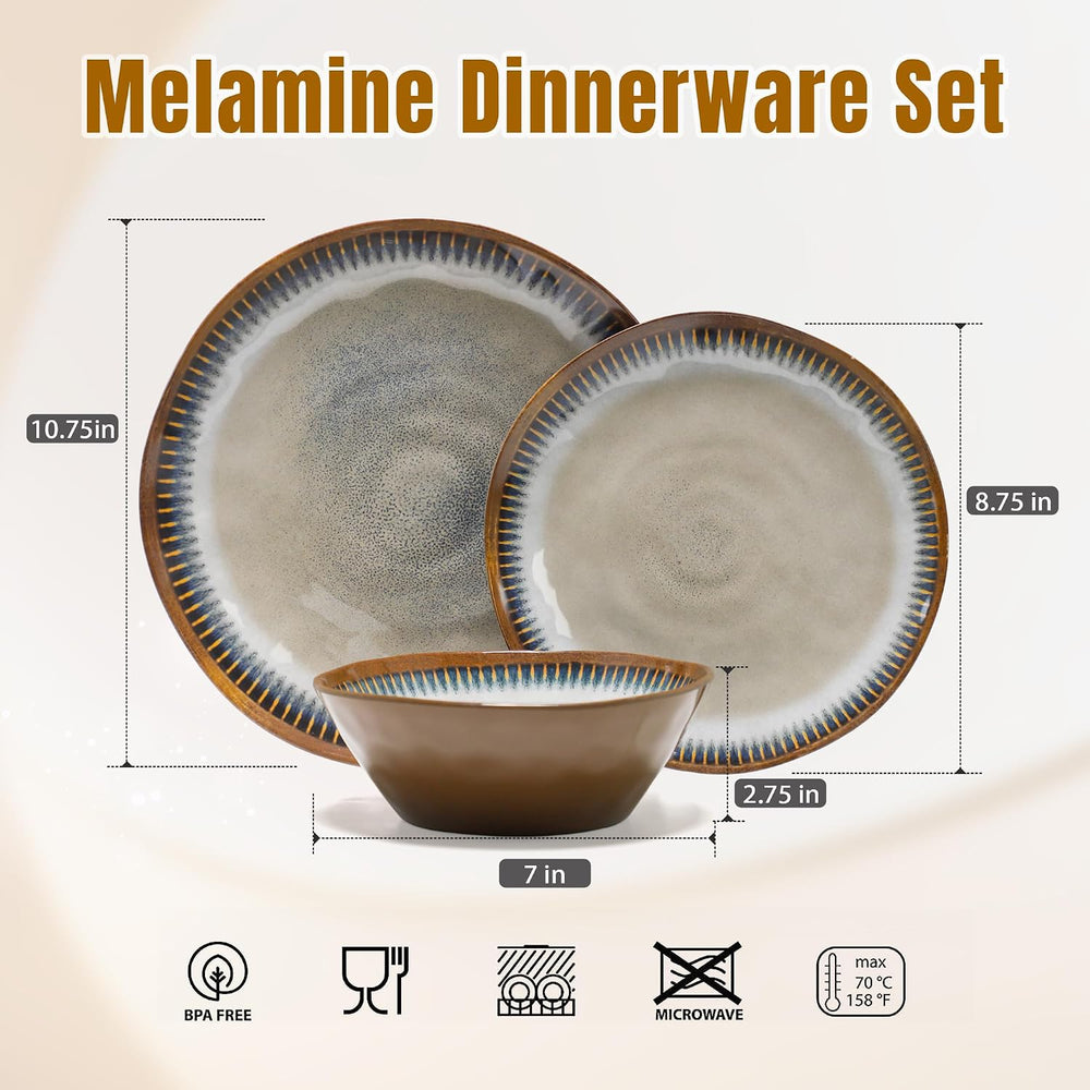 12 Piece Melamine Dinnerware Set, Unbreakable Plate and Bowls Set for 4