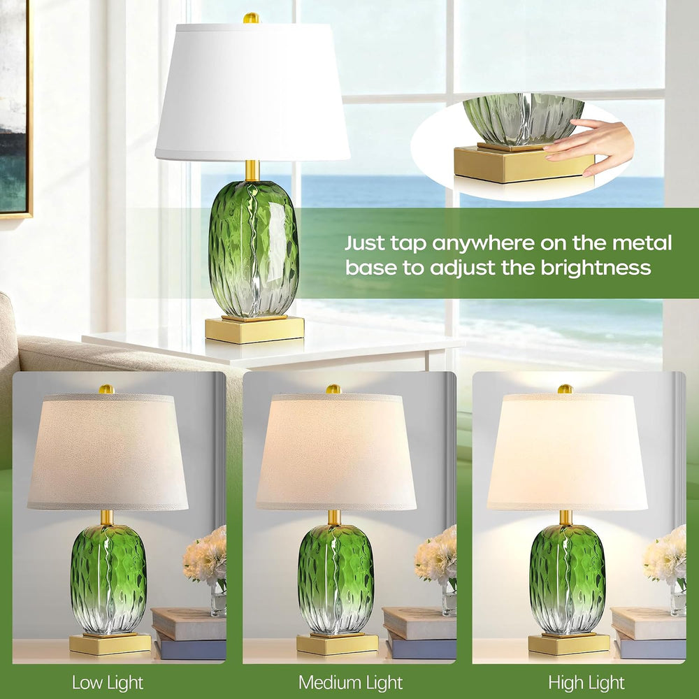 Green Glass Table Lamp Set of 2 Touch Control, 2 USB Ports, Dimmable