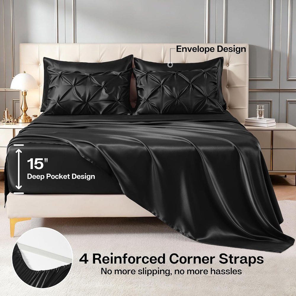 MR&HM Satin King Size Comforter Set Black, 7-Piece Pintuck Bed in A Bag