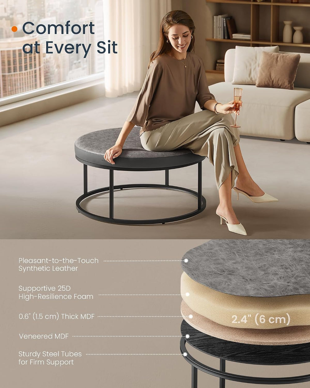 SONGMICS HOME Ottoman, Round Coffee Table, Reversible Top, Steel Frame