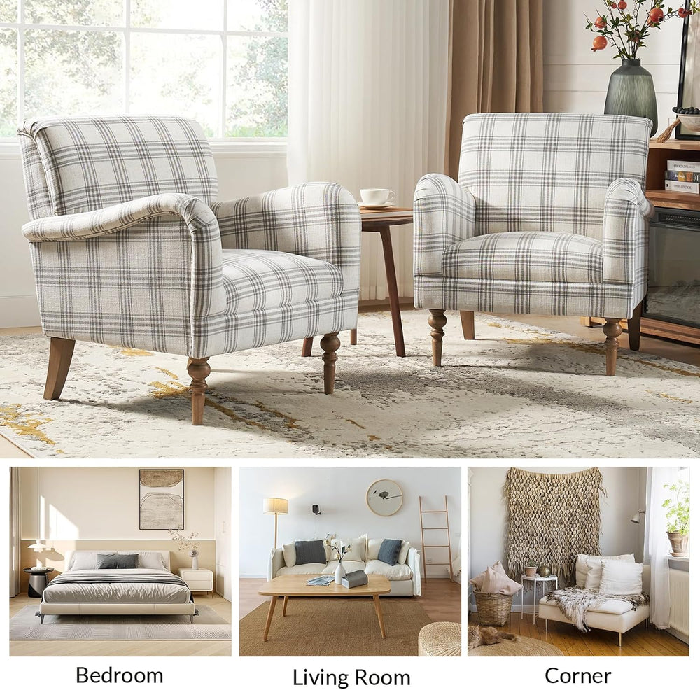 HULALA HOME Farmhouse Accent Chair with Plaid Pattern, Grey