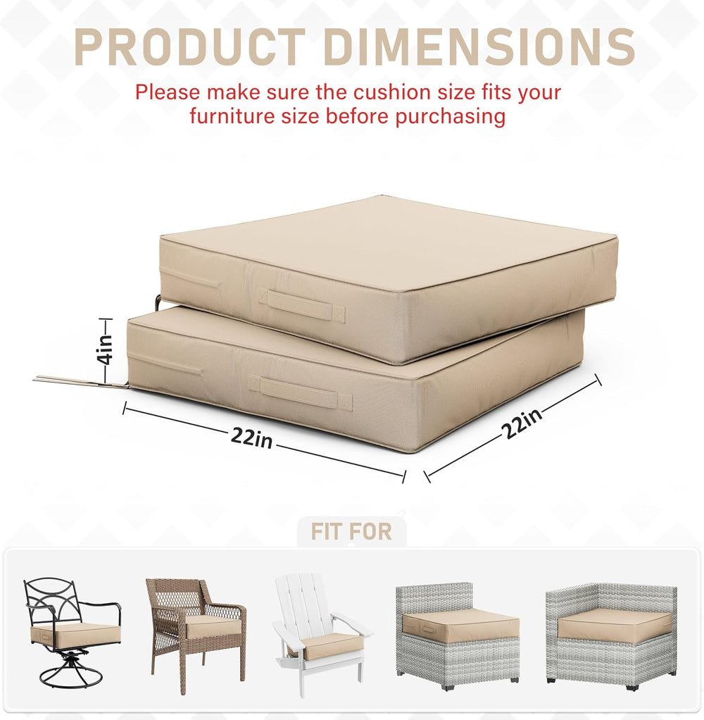 Patio Chair Cushions 22 x 22 x 4 Inch Waterproof Outdoor Seat Cushions for Pa...
