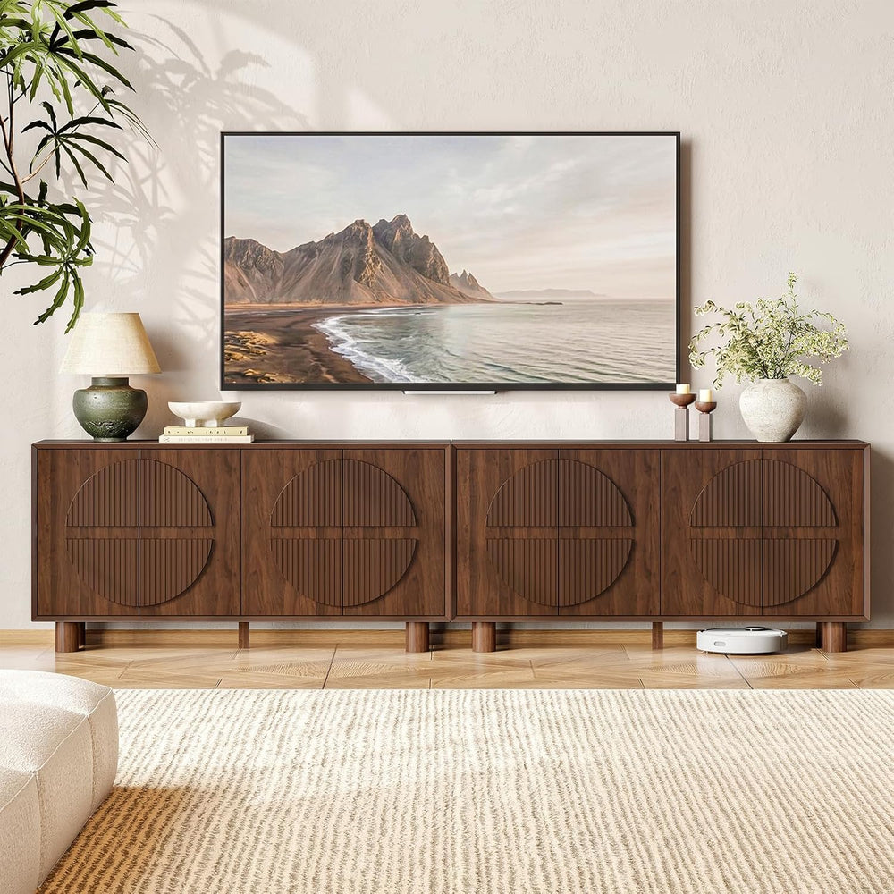 ONBRILL 63 Inch Fluted Buffet Cabinet w/Storage, Push-Spring Doors, Walnut