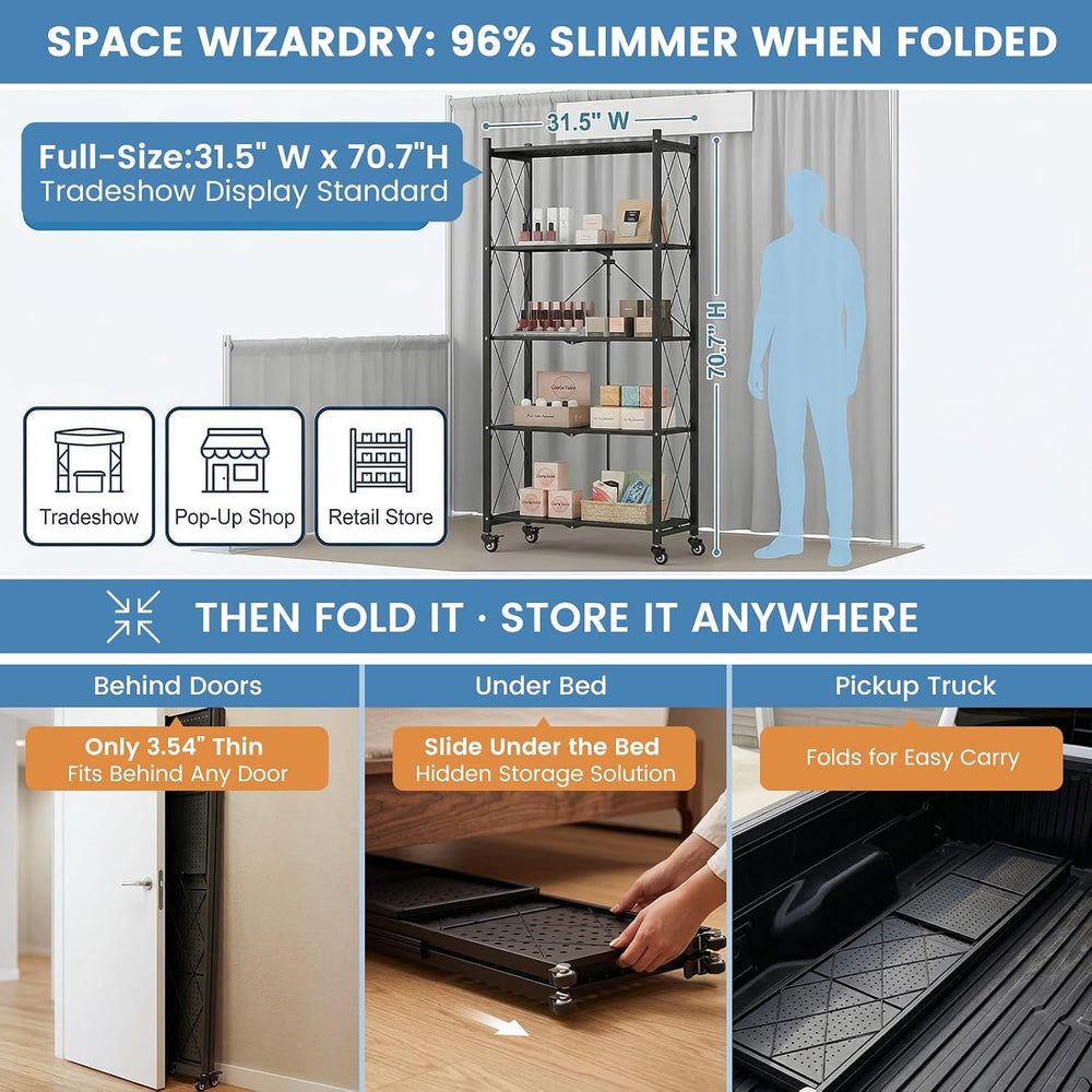 ALANNG 70.7" H Metal Storage Shelves, 5 Tier Folding Shelf on Wheels