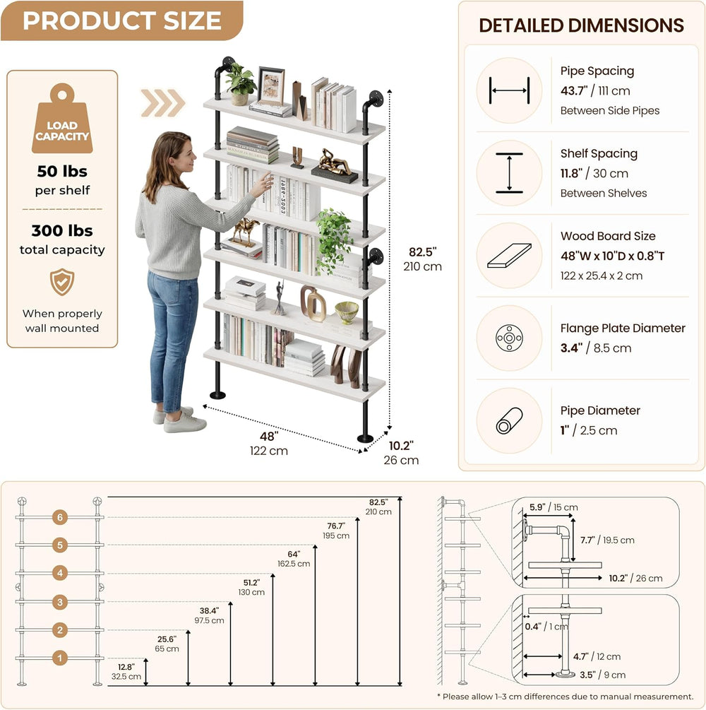 Industrial Pipe Bookshelf, Wall Mounted Shelf, 48 Inch, White