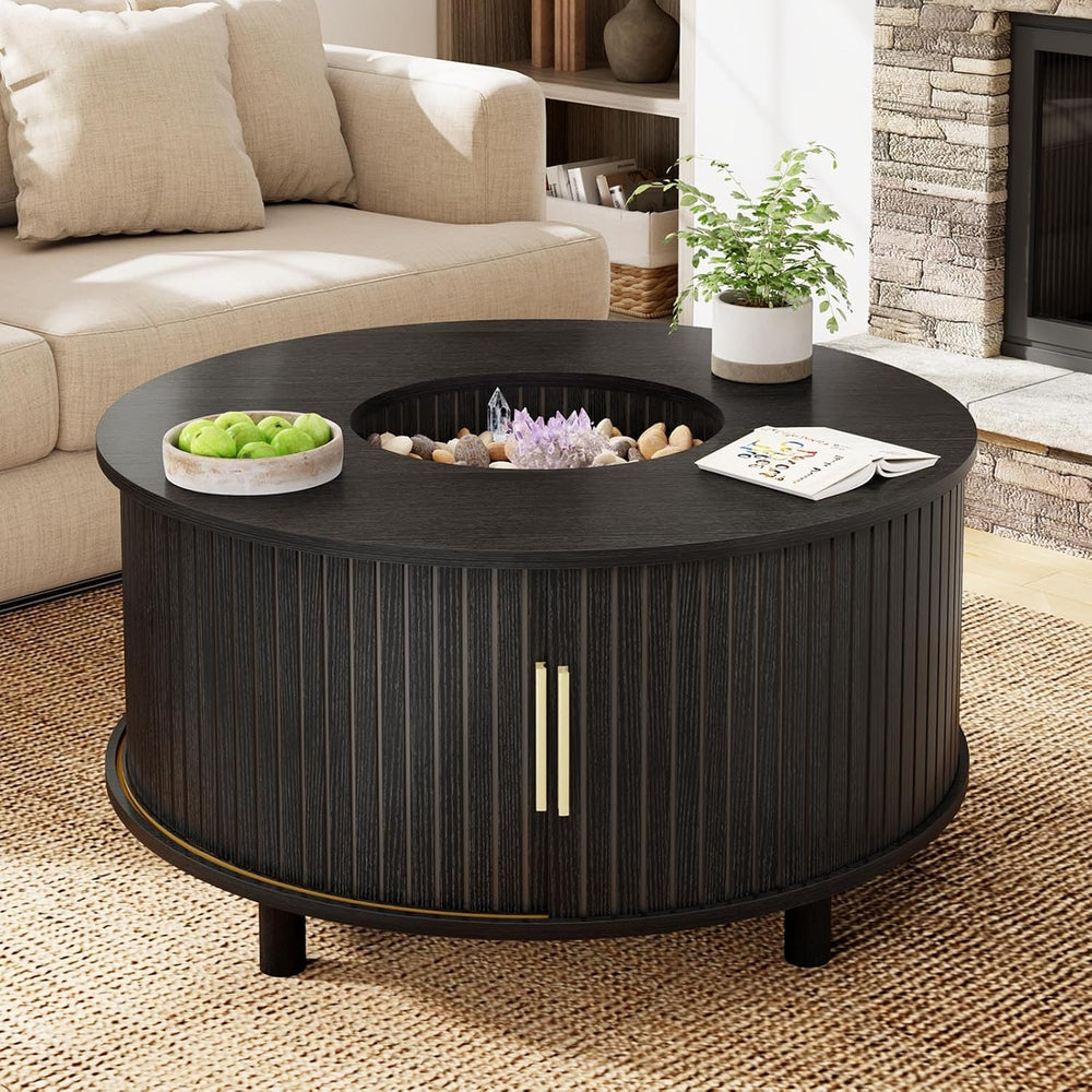 LVB Black Coffee Table Round, Wood Living Room Table with Storage for Home