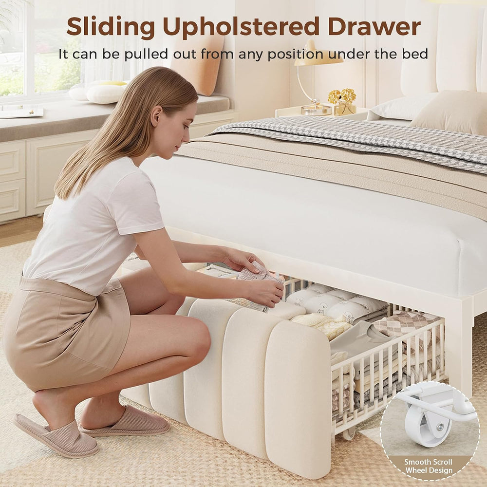 Jocoevol Full Size Bed Frame with Storage Headboard,Upholstered White Bed Fra...