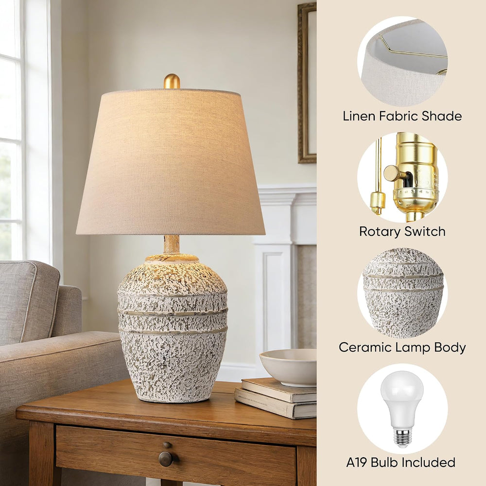 Farmhouse Ceramic Table Lamp, Natural Distressed Earth Tone Finish, Grey