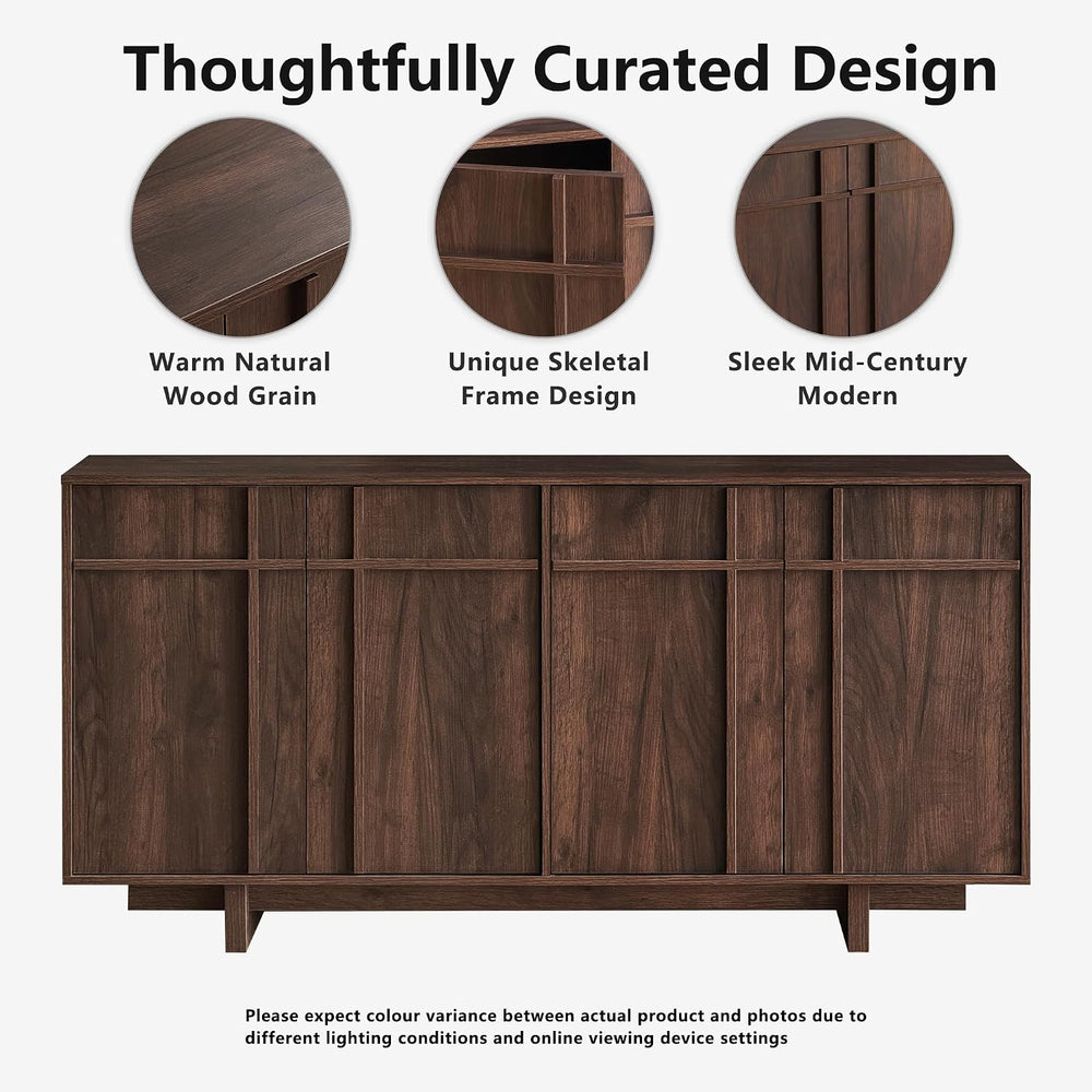 63" Sideboard Buffet Cabinet, Skeleton Lines Design, Walnut