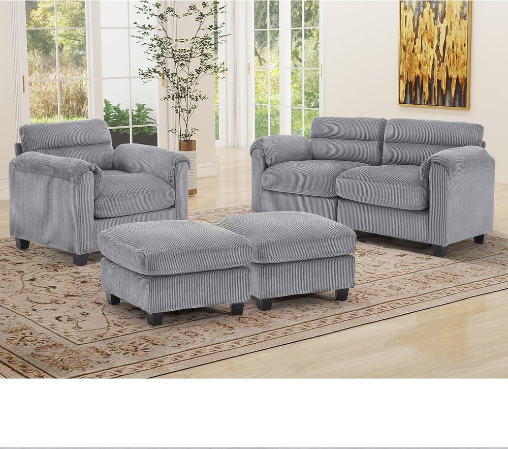 HAOMARKETS Corduroy 4-Piece Sofa Set, Upholstered Ottoman Set of 2, Accent Ch...