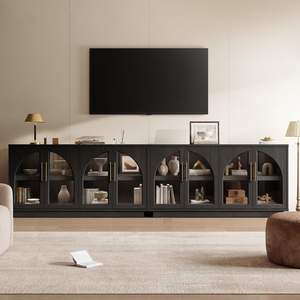 Fatmok 59" Arched Glass Sideboard Buffet Display Cabinet,Grey Black Oak