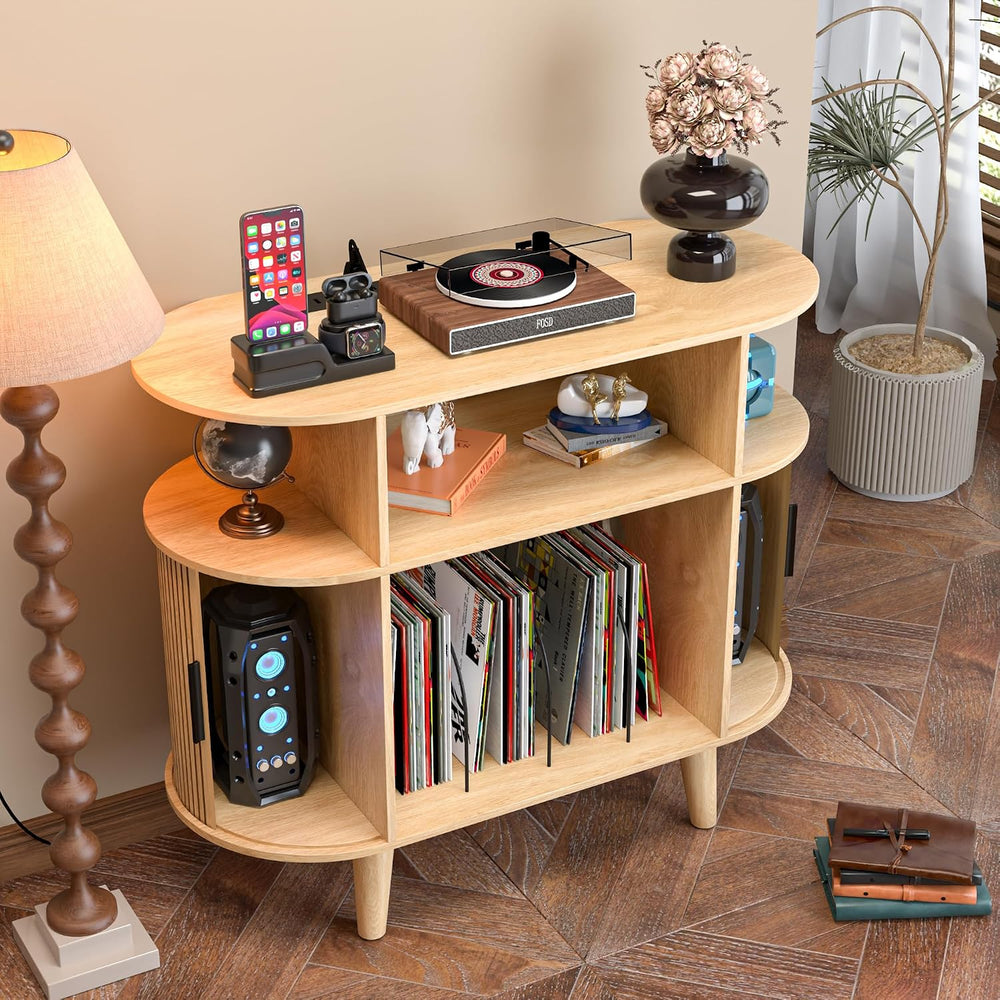 LUVIOHOME Large Round Record Player Stand with Charging Station & USB Ports