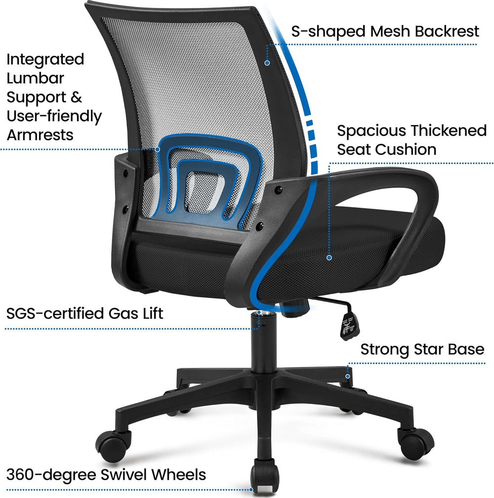 Yaheetech Mid-Back Mesh Computer Office Desk Chair Adjustable Swivel, Black