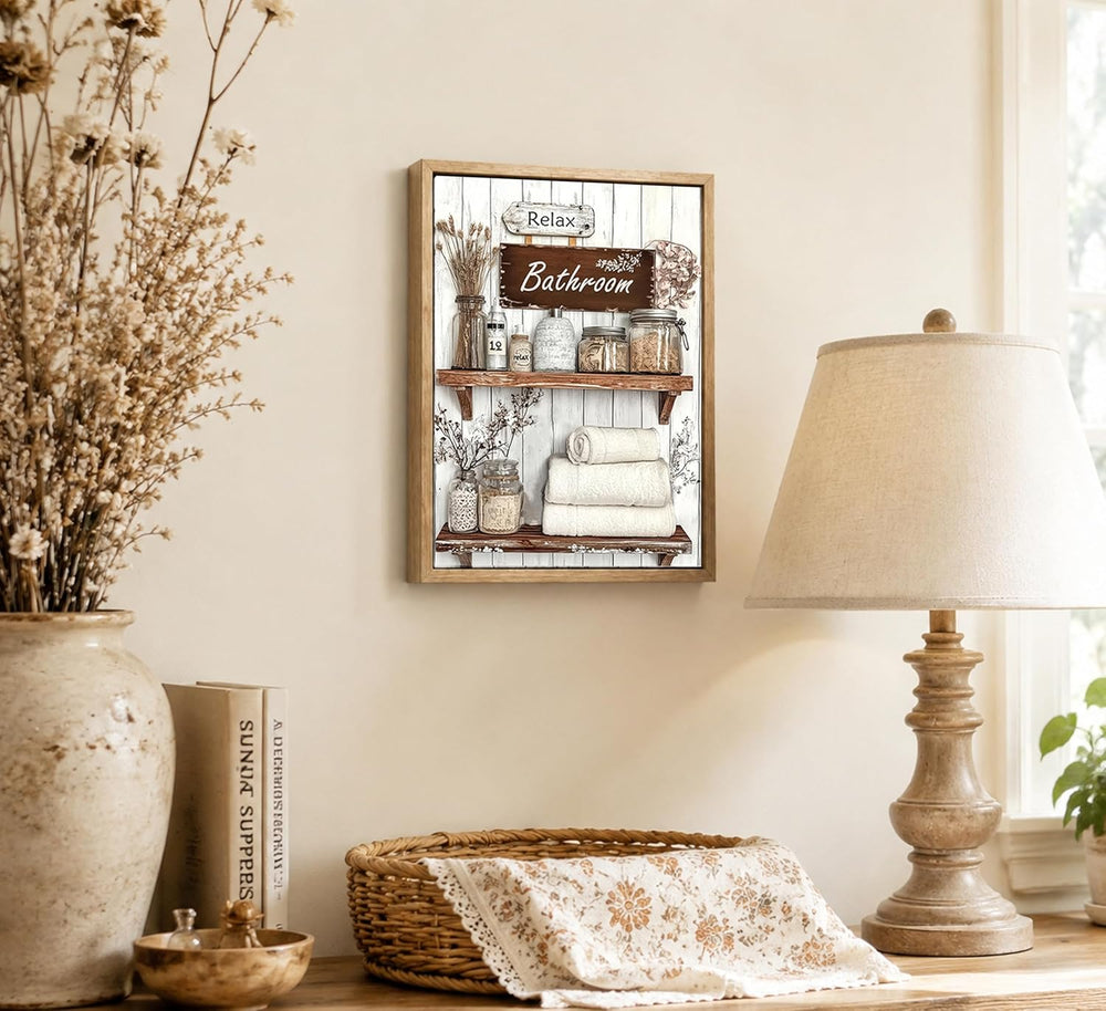 Floating Framed Farmhouse Bathroom Canvas Wall Art, Rustic Country Decor