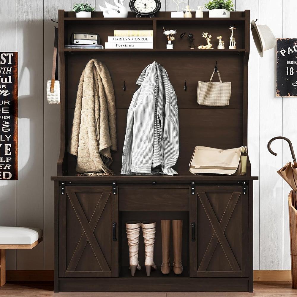 4ever2buy Farmhouse Hall Tree with Bench & Shoe Storage,Oak