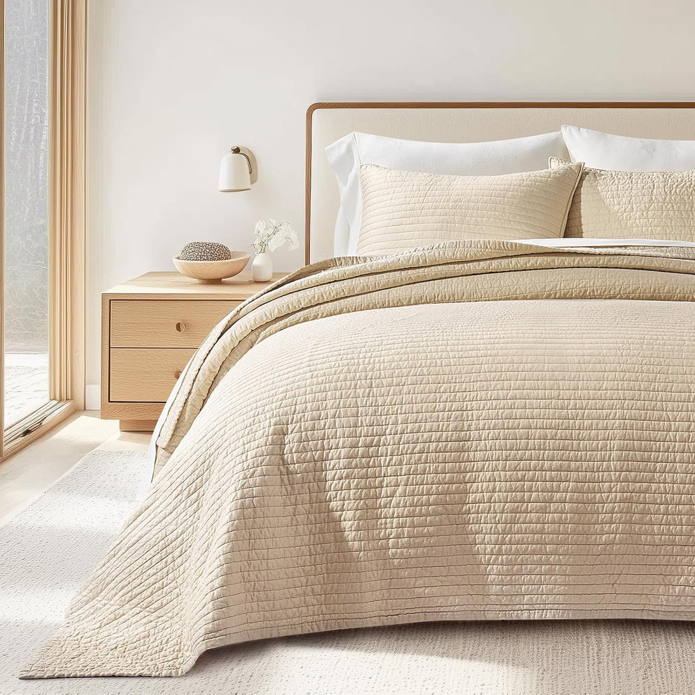 EVERGRACEHOME Cotton Sateen Quilt Set, King Size, Light Sand
