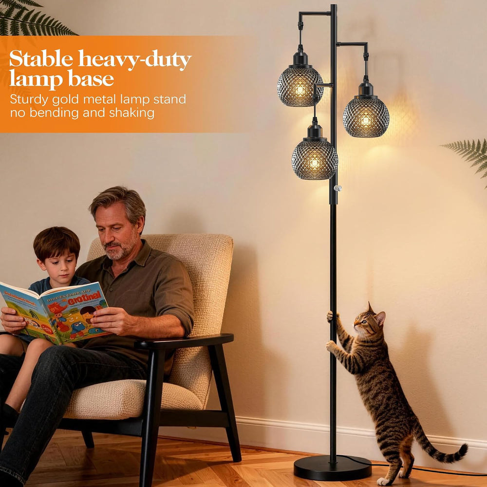 QiMH Modern Glass Floor Lamps for Living Room, 3 Lights Standing Lamp, Grey