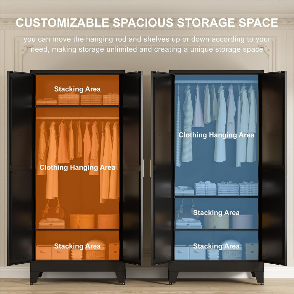 LCAOPC 71" Tall Metal Wardrobe Closet with Adjustable Shelves and Hangin...