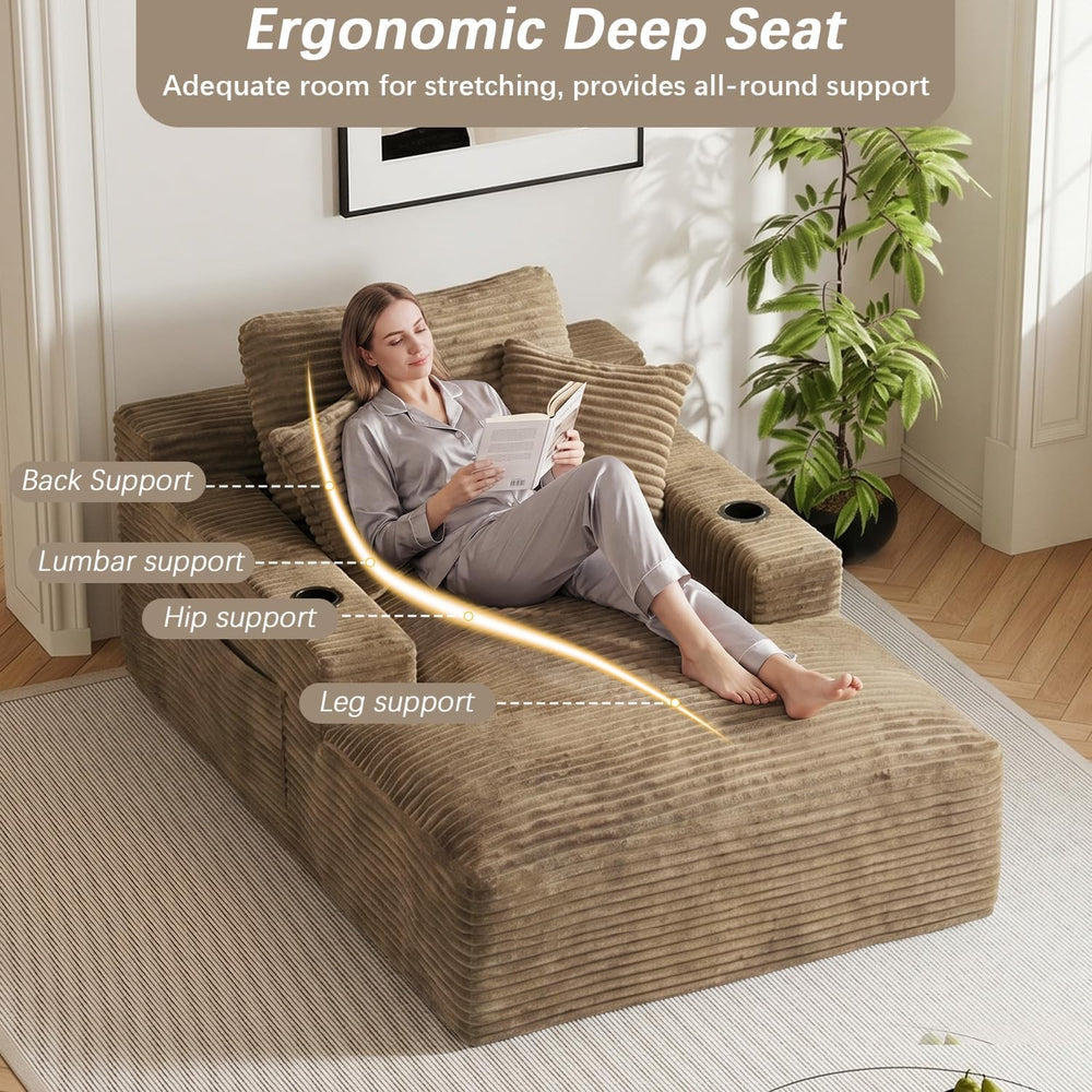 50" x 76" Corduroy Chaise Lounge Sofa Bed with Cup Holders, Camel