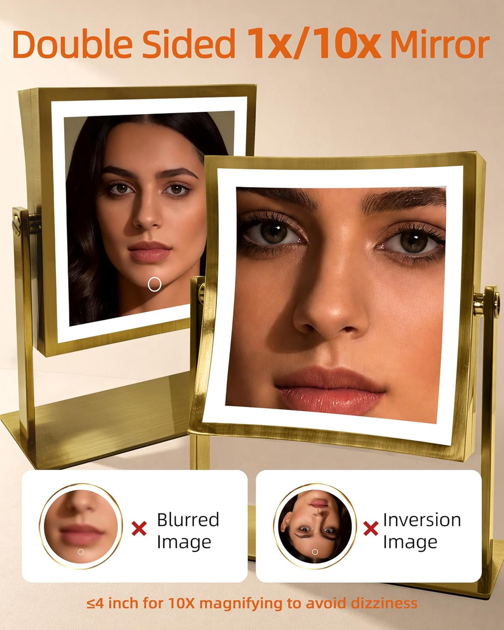 Ruacq Makeup Mirror with Lights, Dual Sided 1X/10X, Antique Brass