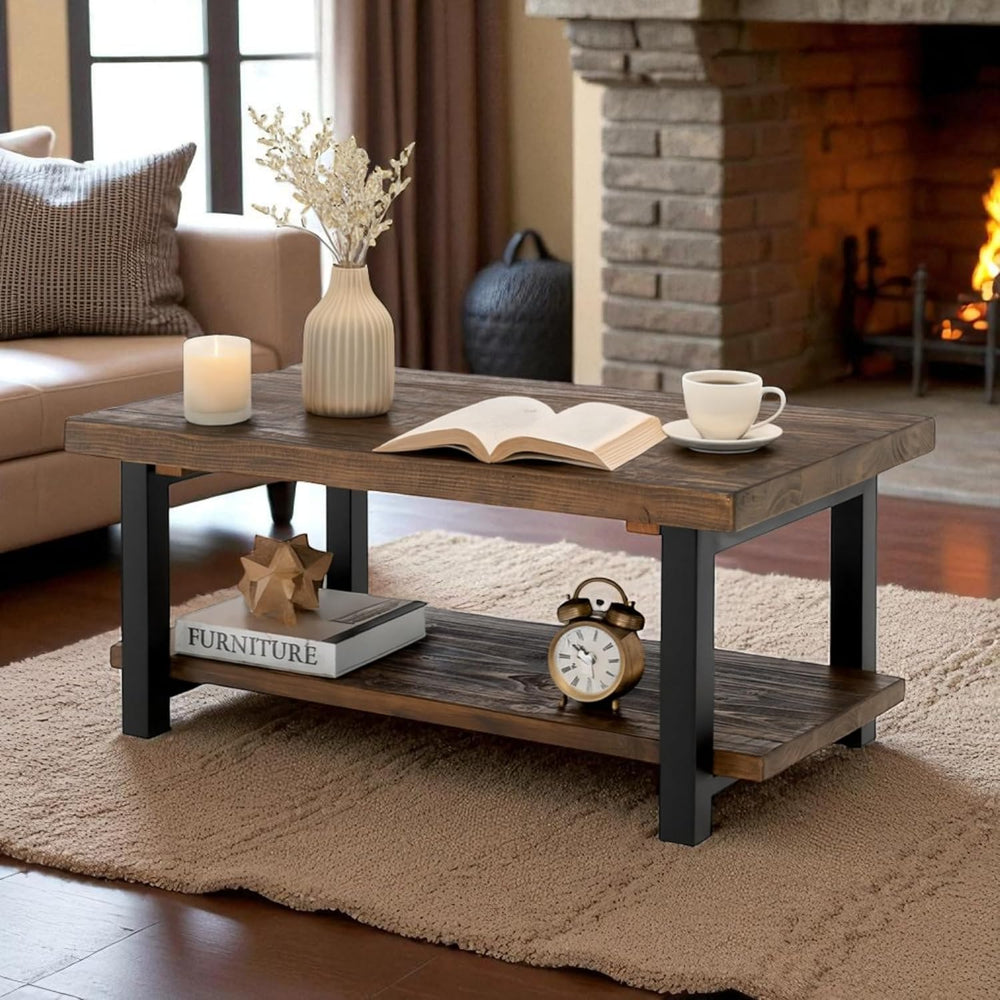 Alaterre Pomona 42 Inch Coffee Table with Storage Shelf, Rustic Natural