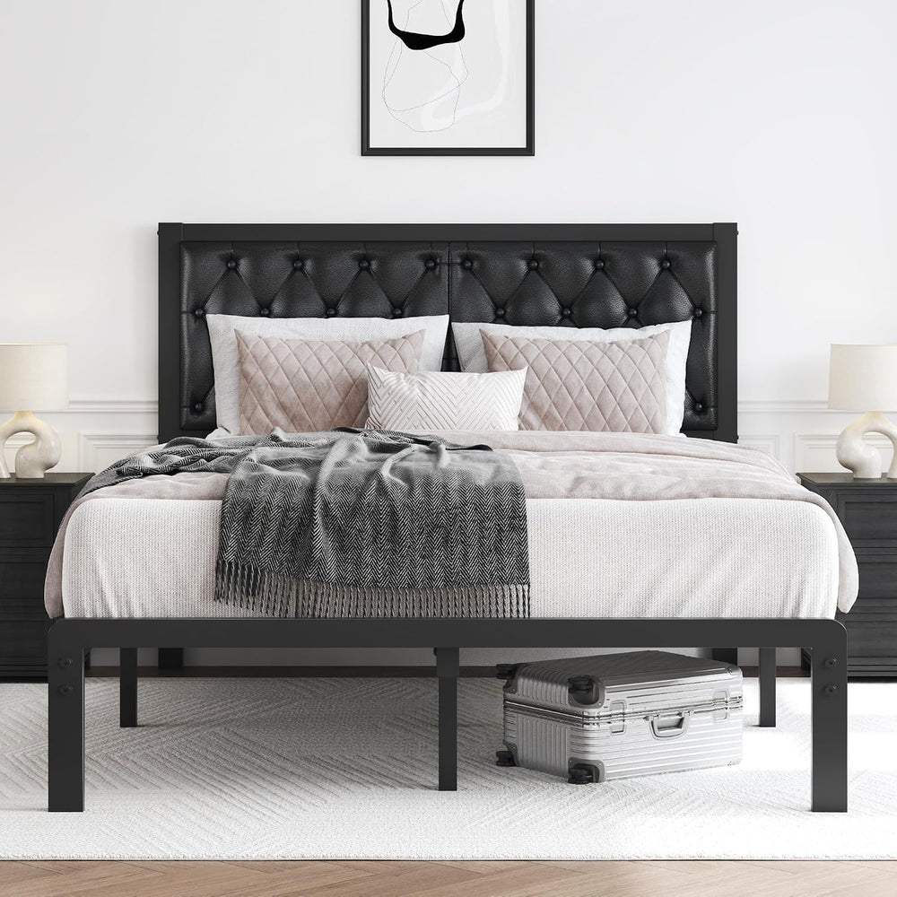 HISOFT Full Bed Frame with Upholstered Button Tufted Headboard, Bed Frame Pla...