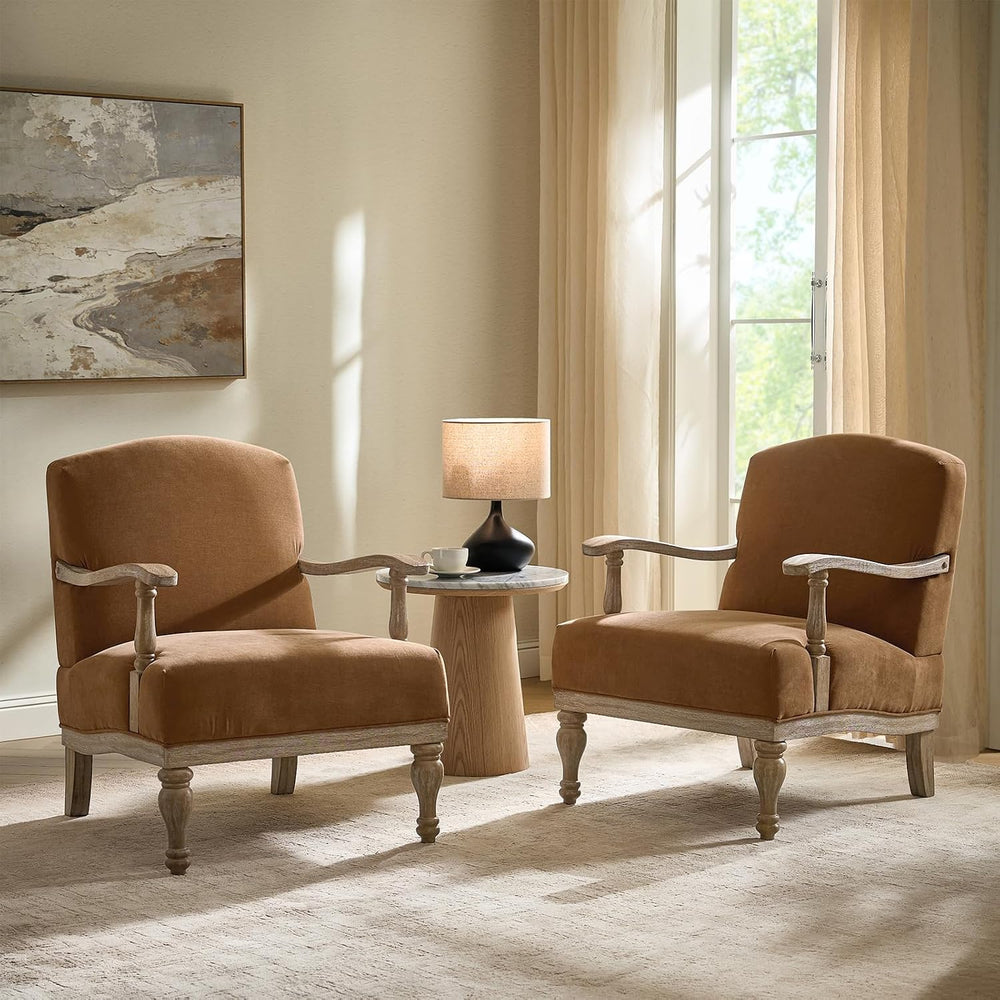 HULALA HOME Farmhouse Accent Chair Set of 2 Solid Wood Frame, Caramel