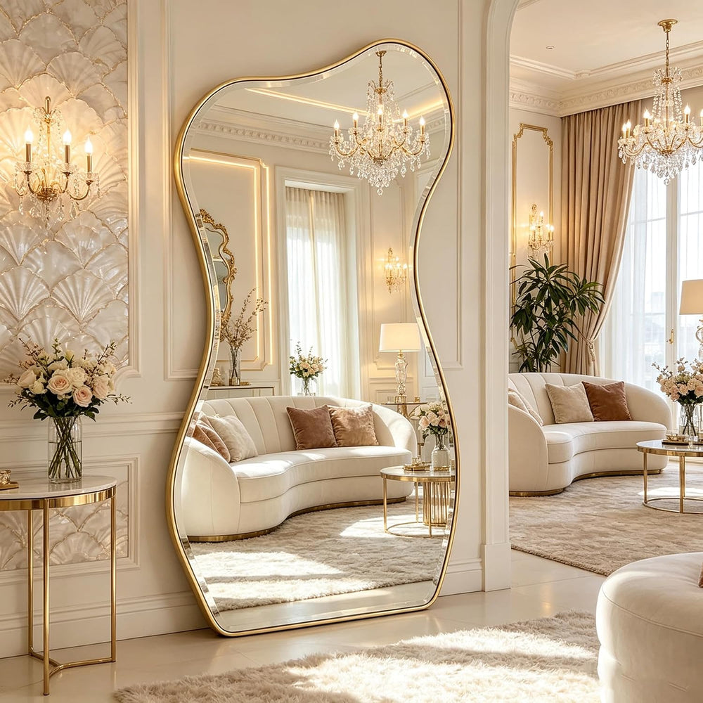 POZINO 66.8"x33" Irregular Beveled Mirror Full Length, Abstract Wal...
