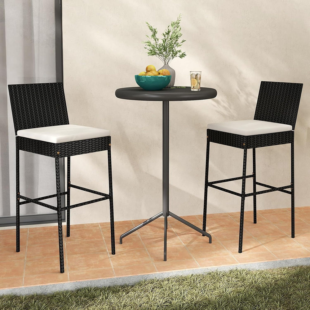 COSTWAY Outdoor Wicker Bar Stools Set of 2 with Cushion and Back Support