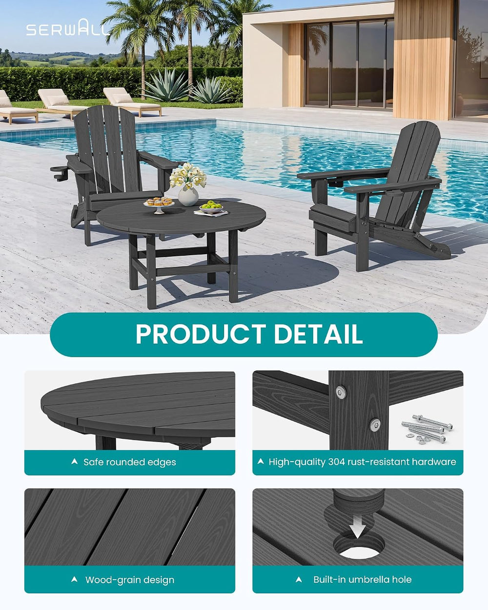 SERWALL 35.5'' Round Outdoor Coffee Table with Umbrella Hole,Grey