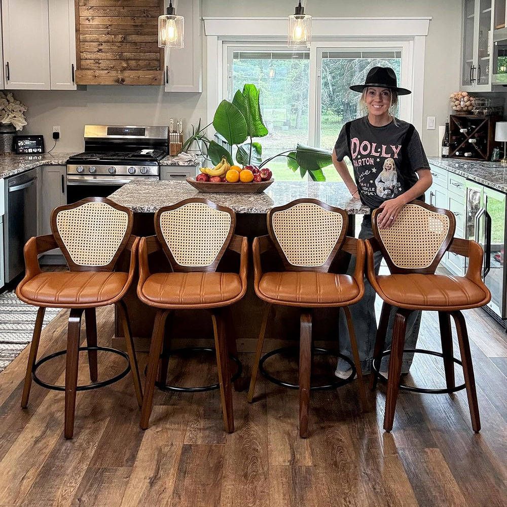 WUPOTO Mid-Century Modern Swivel Bar Stools with Supportive Rattan Back &...
